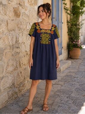 Women‎ Dress embroidered short sleeves M Fragonard blue yellow